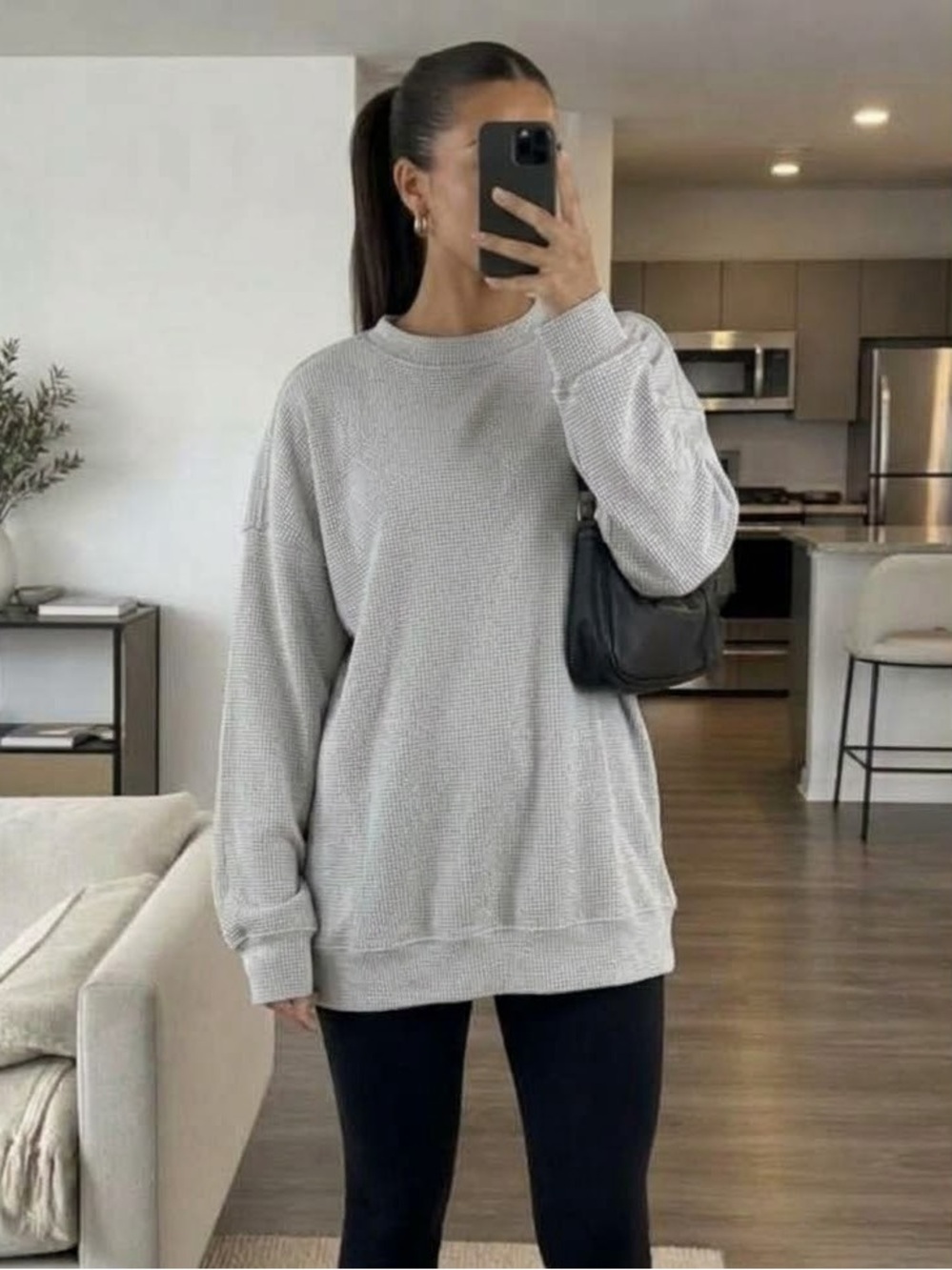 Aerie Cozy Oversized Waffle Knit Crewneck Pullover Sweater Gray Medium